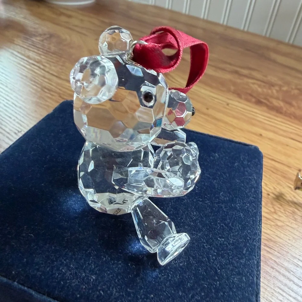 Faceted Lead Crystal Teddy Bear Ornament with Red Ribbon and Blue Velvet Box
